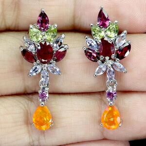925 Sterling Silver Earrings Pear Orange Fire Opal Peridot Tanzanite Gem Jewelry